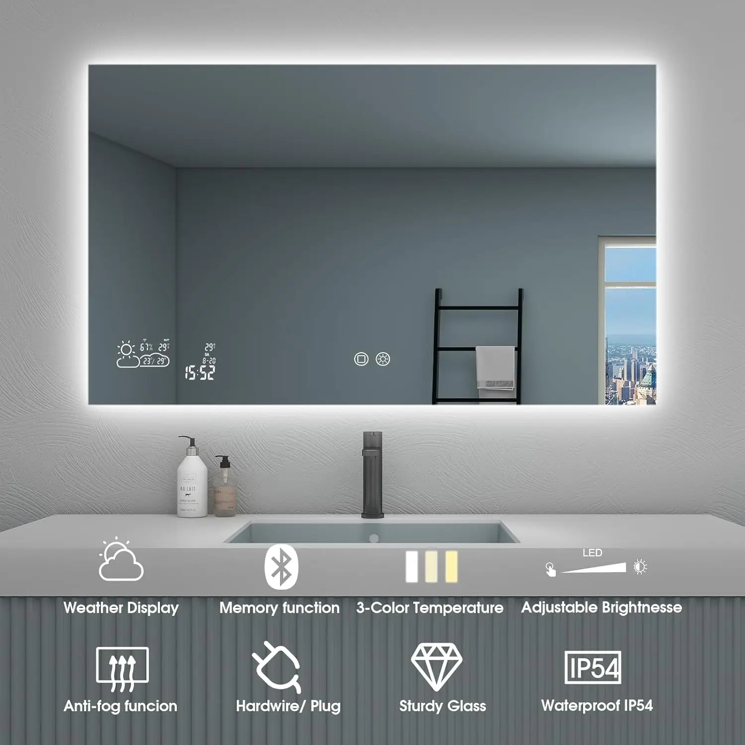 Smart Bathroom Mirror with Bluetooth 24&rdquo;X 40&rdquo; WiFi Enabled Weather Display Fog Free Backlit Frameless Brightness Adjust Memory