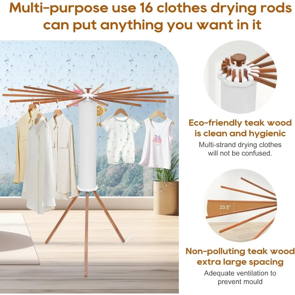 Portable Teak Tripod Clothes Drying Rack, Foldable Space & Saving Design, Versatile Laundry with 16 Waterproof Wood Rods 5