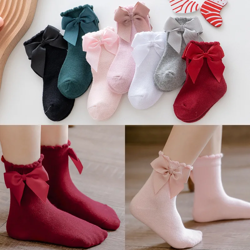 

Autumn Winter Princess Baby Girls' Socks Big Bowknot Design Toddler Ankle Socks Solid Color Cotton Breathable Casual Sock