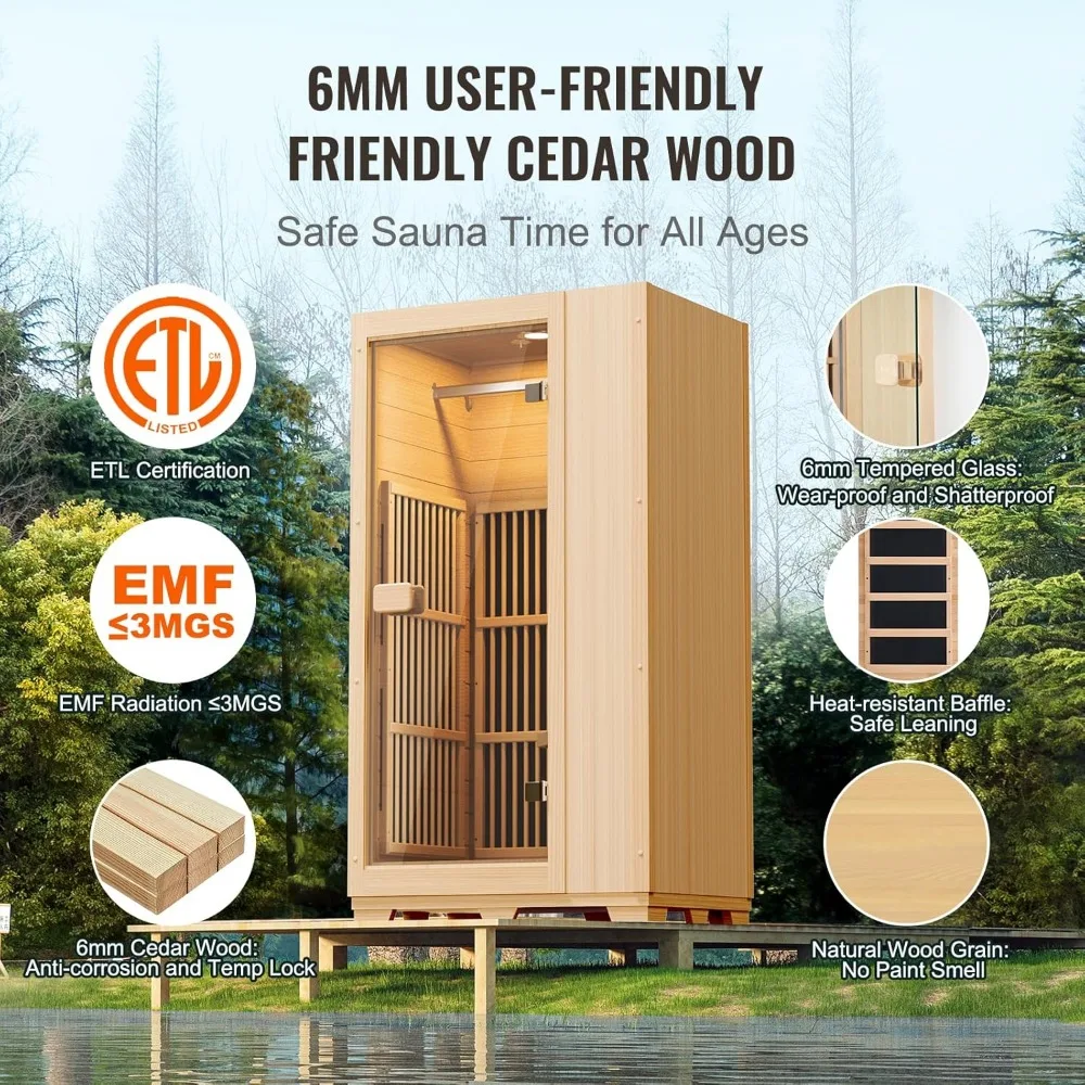 Far Infrared Wooden Sauna, Room Home Sauna Spa for One Person, 1140W Low EMF Far Infrared Hemlock Wood Sauna with Tempered 4