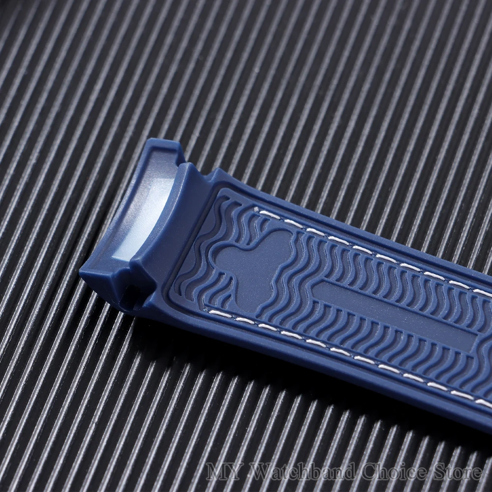 Curved End Waterproof Blue Black Rubber Watch Band, 20mm 22mm Silicone Strap