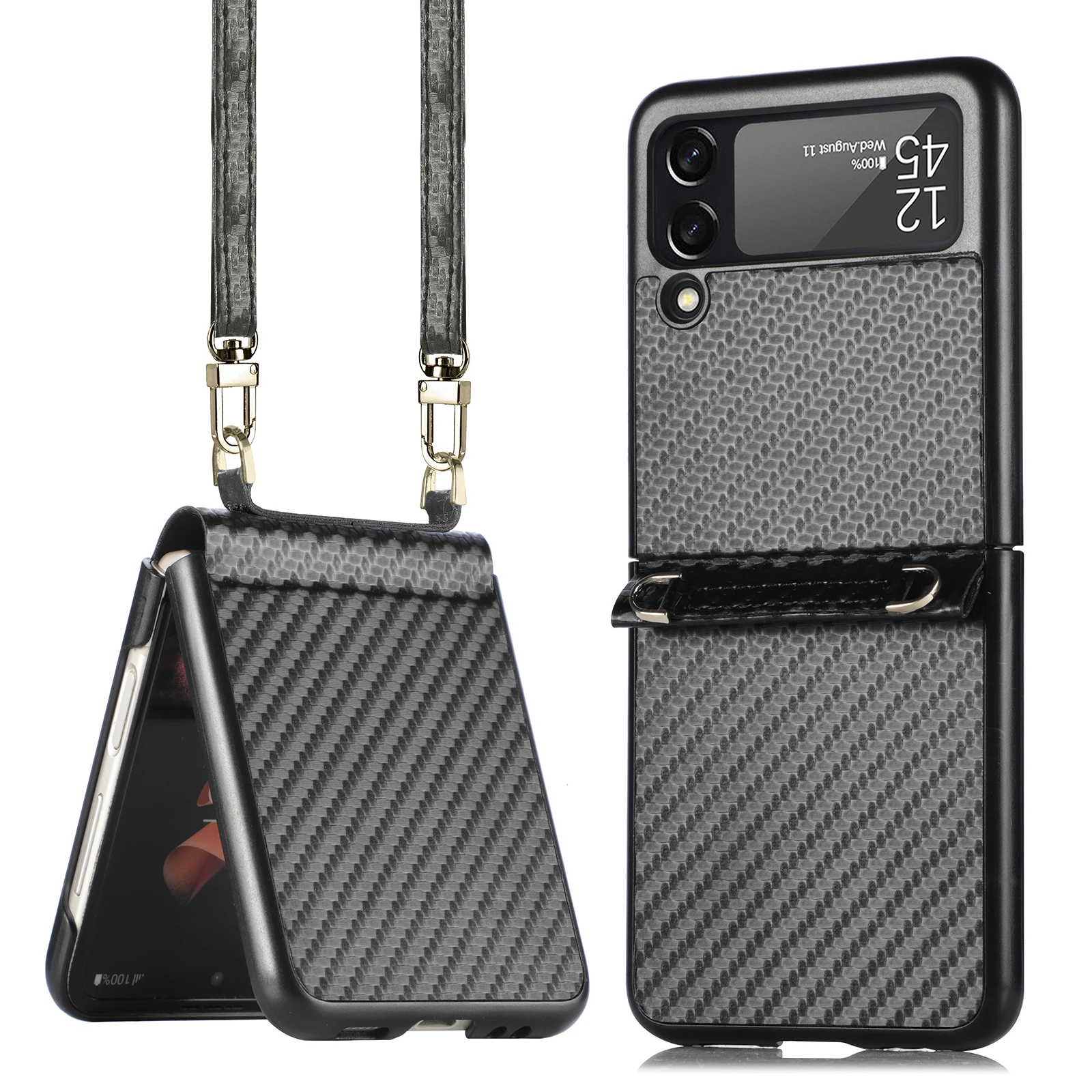 Anti-Fingerprint Carbon Fiber Cover Case for Samsung Galaxy Z Flip 3 Flip4 Flip 4 Flip3 5G with Shoulder Strap Matte Cases z flip3 cover