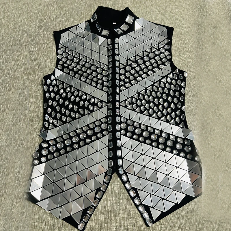 

Men Mirrors Vest Red Black Lens Vest Nightclub Ds Dj Jazz Gogo Dance Costume Singer Stage Performance Wear Rave Outfit XS5221