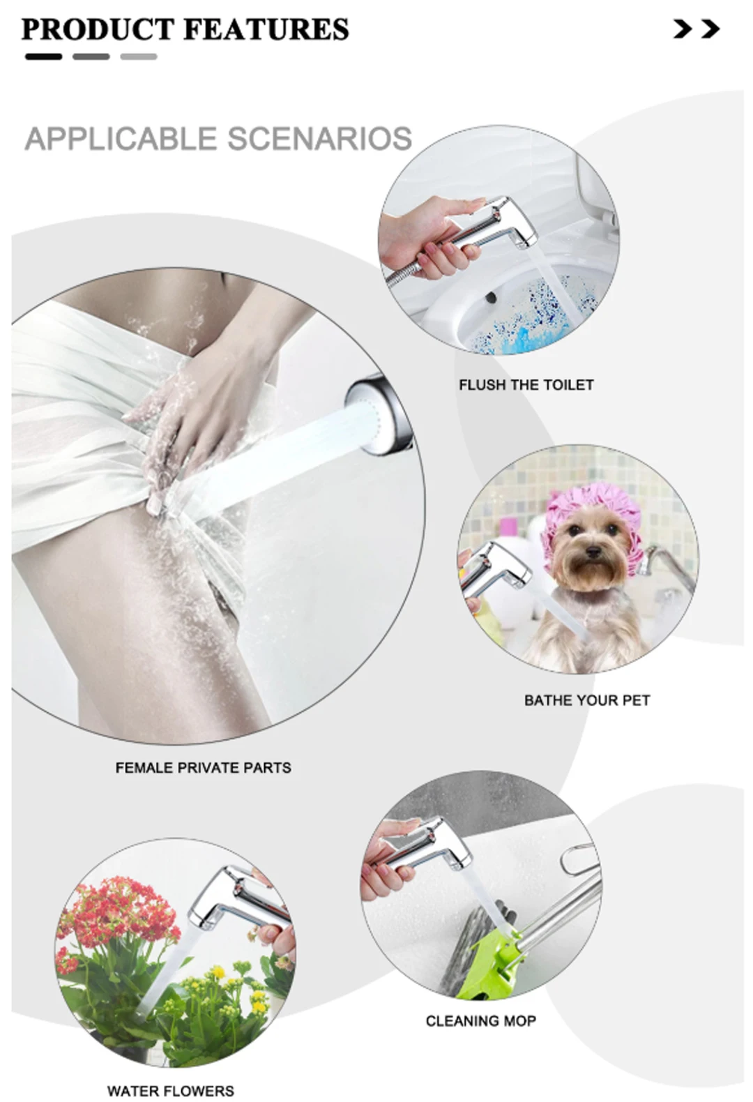 Description Picture 5 of itemBathroom toilet bidet faucet double outlet angle valve shower head ABS dual-function toilet sprayer flushing sanitary shower