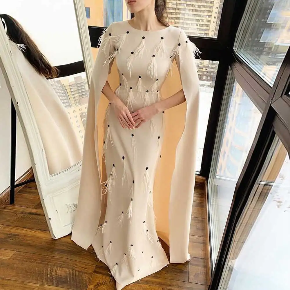 

Sheath Scoop Neck Evening Dress Jersey With Feather Shawl Draped Party Dresses Sweep Train Short Sleeve Temperament Prom Gown