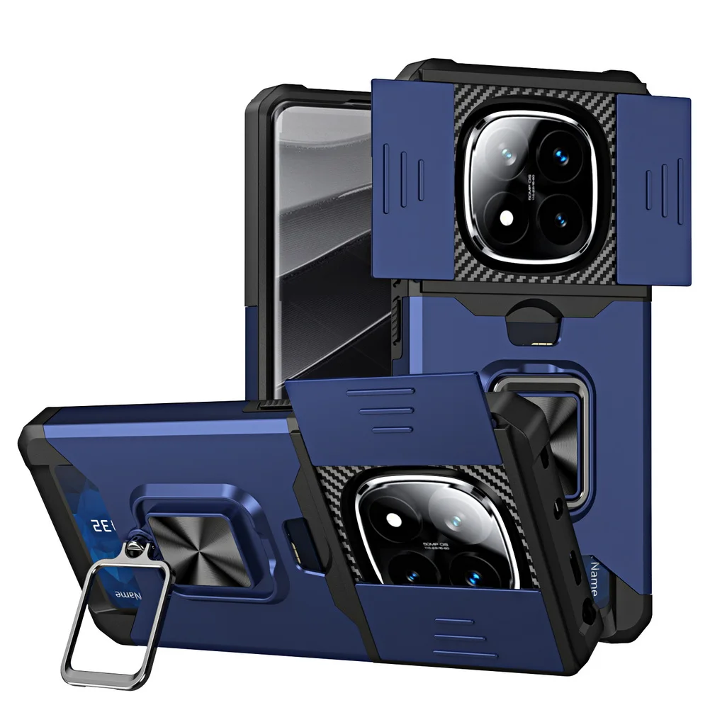 Card Slot Finger Ring Camera Protect Case with Armor Hybrid Bracket Holder Cover