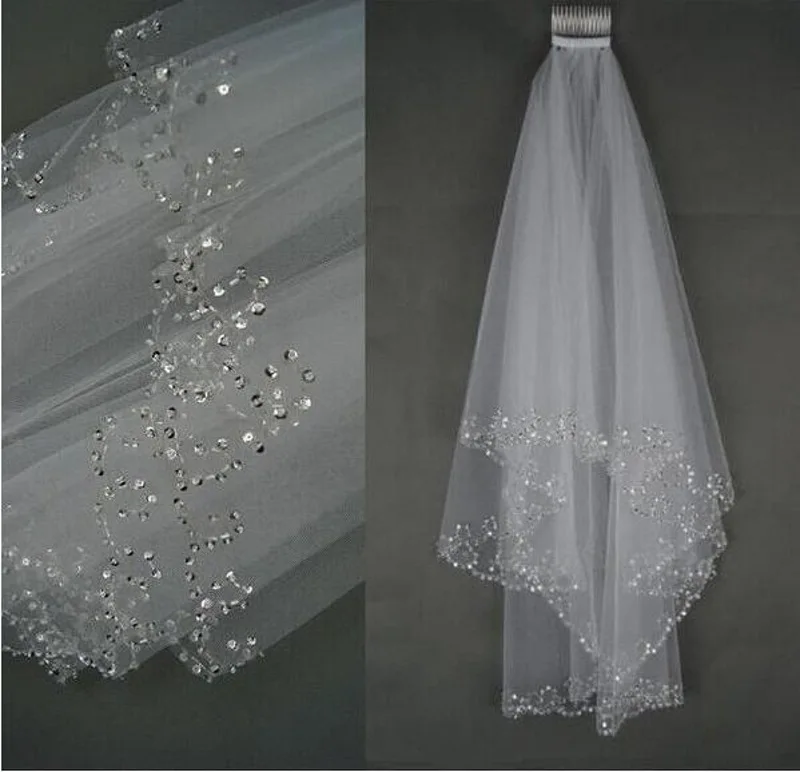 

White Ivory Short Wedding Veils Wedding Bridal Veil 2 Layer Handmade Crystal Beaded Bridal Accessories Veil Good Quality