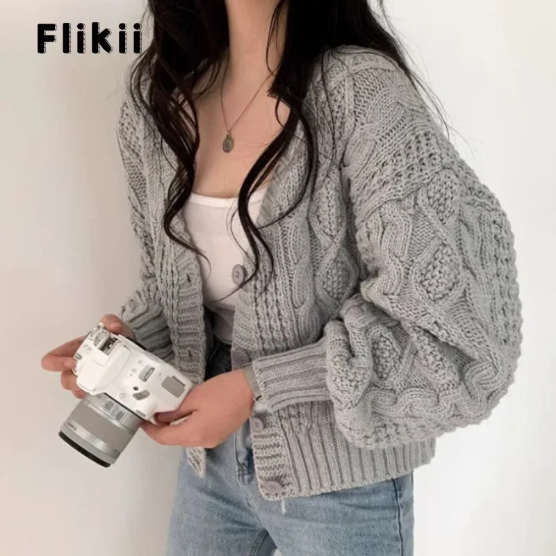 

2023 Winter Casual Single Breasted Sweater Women Vintage Fashion Solid Jumpers Knitting Long Sleeve V-neck Loose Cardigans