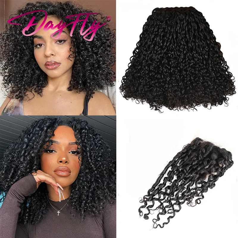Brazilian Double Drawn Hair Weave Pixie Curls Bundles with Closure Pixie Curly Human Hair 3 Bundle With 4x4 Lace Closure 300g