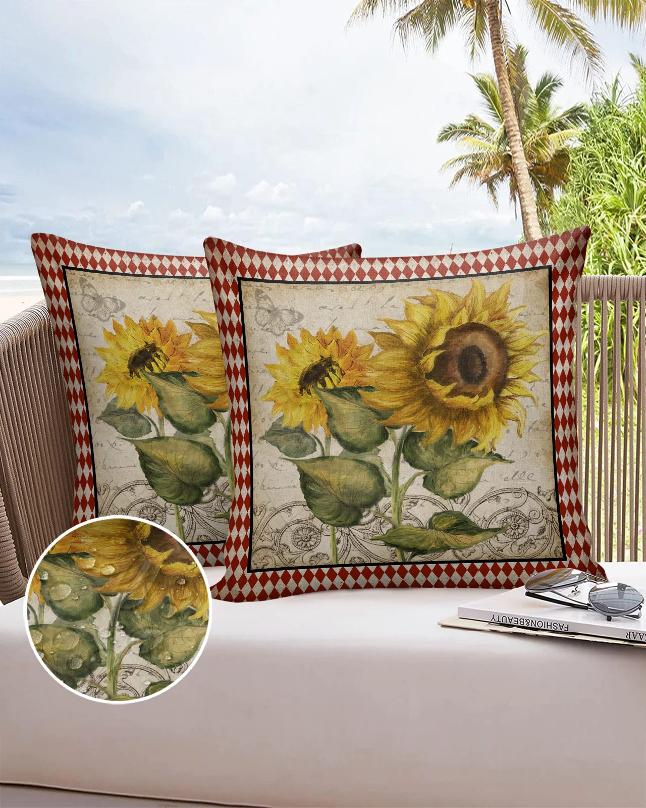 

2/4PCS Outdoor Garden Chair Waterproof Cushion Cover Flower Sunflower Rhombus Retro Home Decor 40/45/50/60/66cm Pillow Case