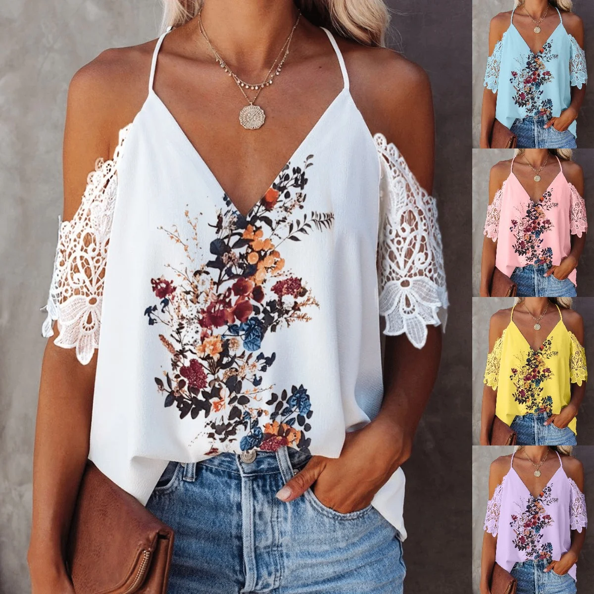

2022 Women Fashion Summer Casual Tops Contrast Lace V Neck Halter Floral Print T-shirt Off Shoulder Tops
