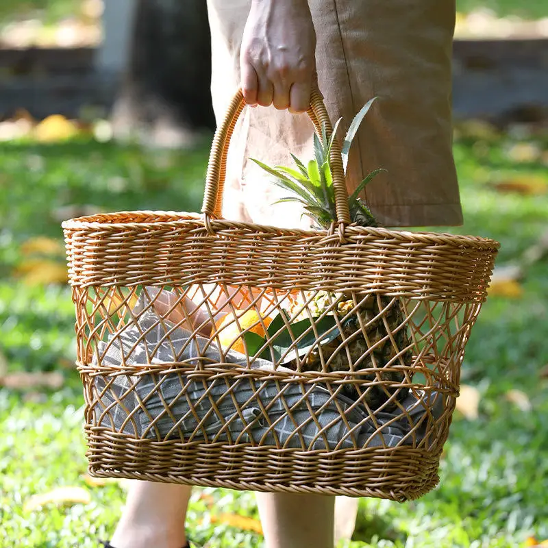 Woven Picnic Basket Large Capacity Fashionable Handmade Shopping Basket Portable Rattan For Camping Picnic BBQ Fishing