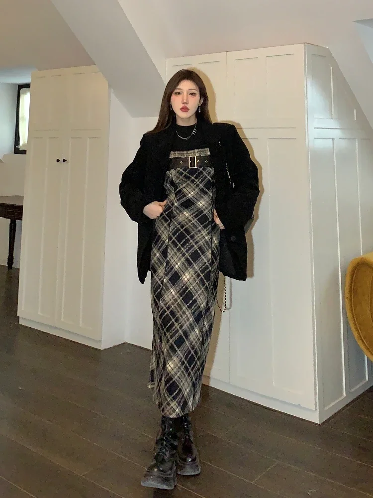 2024 Autumn Elegant Plaid  2 Piece Dress Set Women Outwear Casual Black Blouse + Vintage Slim Strap Dress Korean Fashion Suit