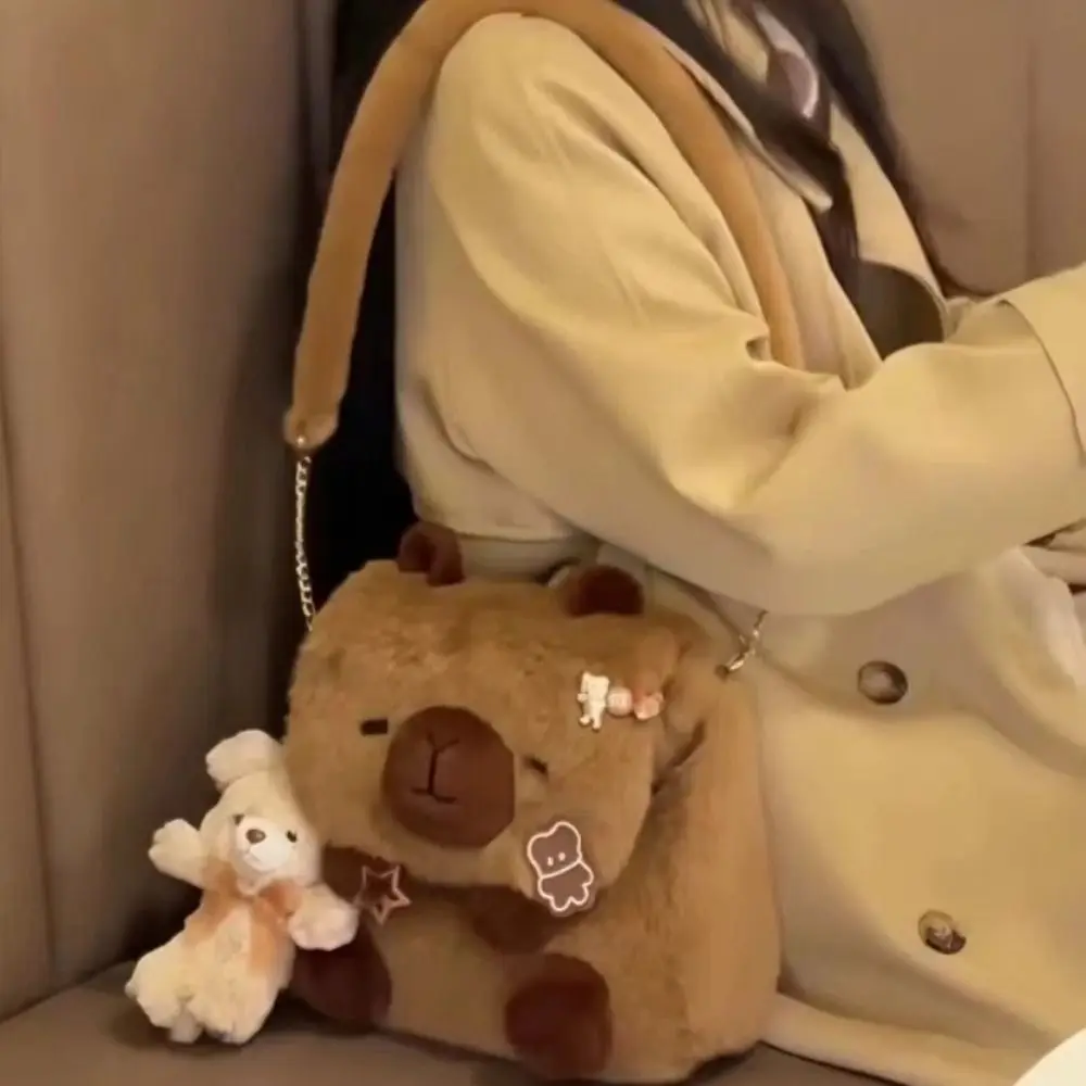 Womens Backpack Plush Backpack Plush Cartoon Capybara Doll Animal Pattern Campus Shoulder Bag Hairy Capybara Flip