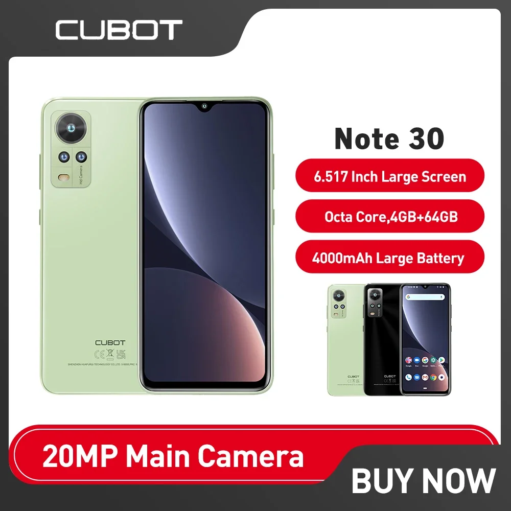 

Cubot Note 30 Smartphone Android 12 Octa Core 4+64GB(256GB Extended) Mobile Phone 6.517" Dual SIM 4000mAh 20MP Cellphone Use All