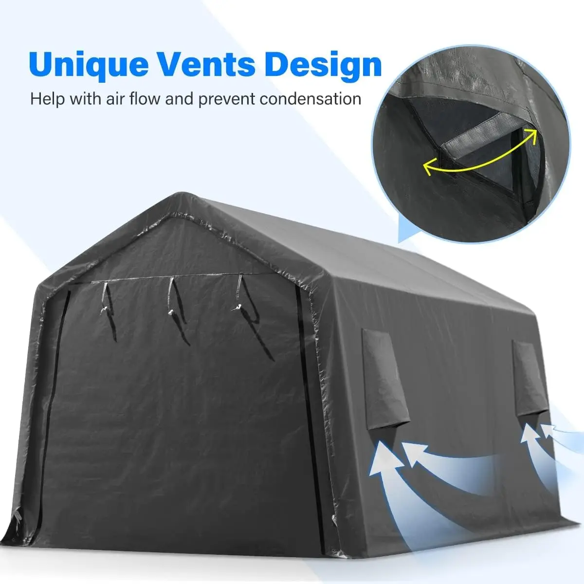 10X15 ft Garage Shelter Steel Metal Peak Roof Anti-Snow Portable Storage Shed Carport with 2 Roll up Doors & Vents