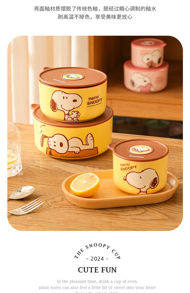 Snoopy Bowl Three Piece Set Crisper Box Child Cartoon Snoopy Ceramics Fresh Bowl With Lid Suit Girl Tableware Lunch Box Gift Box