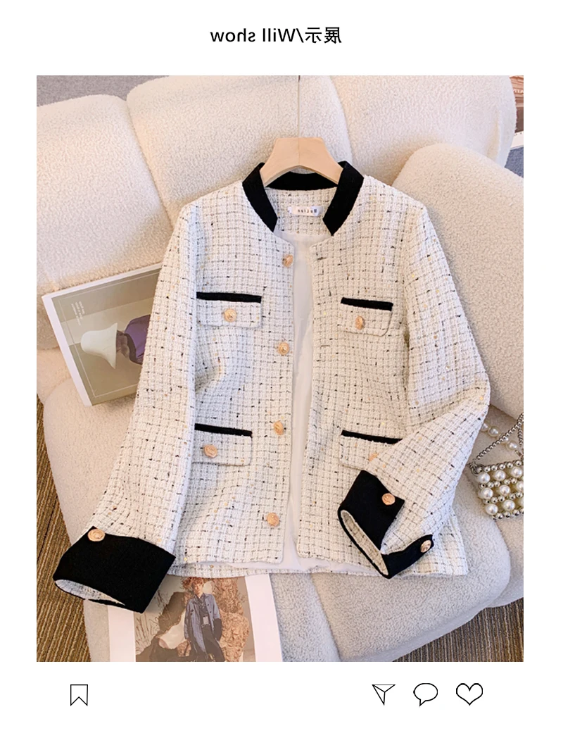 

French Light Luxury Black And White Patchwork Design Small Fragrant Tweed Jacket For Women Single Breasted Outerwear Coat