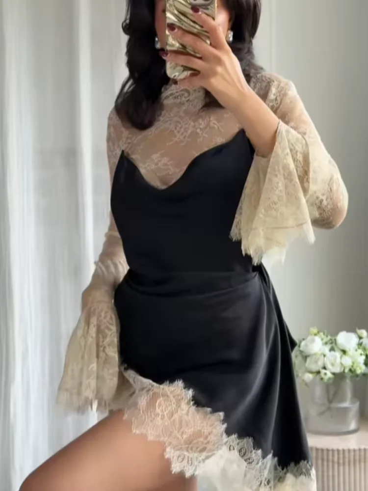 Sexy Lace Patchwork Mini Dress Women Elegant Contrast Full Flared Sleeve  Cinched-waist See Through Dresses Lady Club Party Gowns - AliExpress  200000345