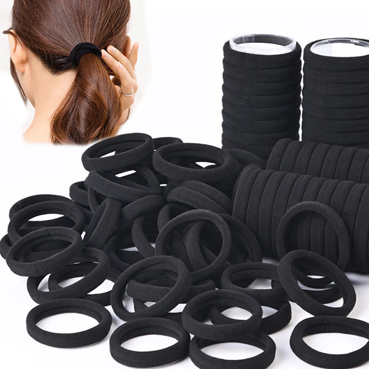 Black Hair Bands 50/100PCS – High Elastic Rubber Hair Ties for Women, Ponytail Holders & Scrunchies Accessories