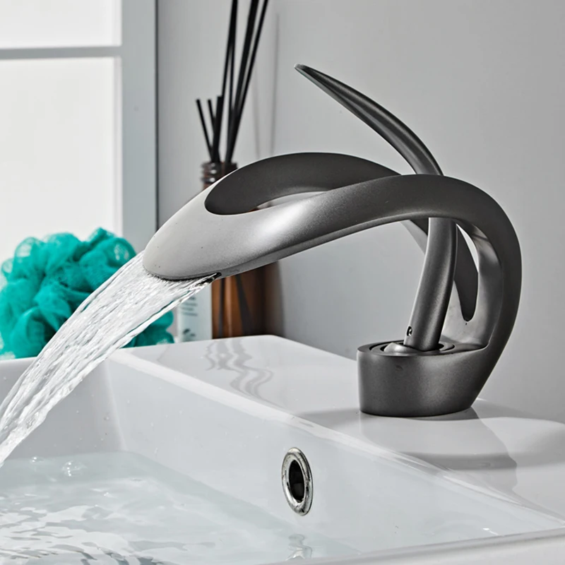 Bathroom Faucet Creative Matte Golden Bathroom Basin Faucet Black Waterfall Vessel Sink