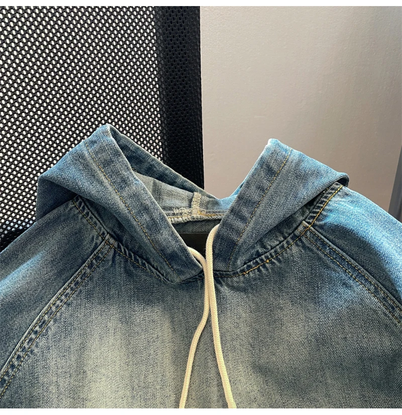 Unisex-Vintage-Jeanspullover mit Kapuze und Raglanärmeln und großen Taschen - True Deals Club