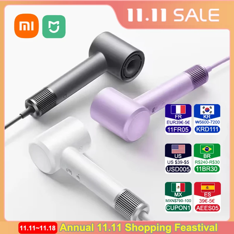 Hair Dryer Xiaomi Mijia Electric High Speed Negative Ions 110,000 Rpm Professional Care 62m/s Wind 1600W Quick Drying