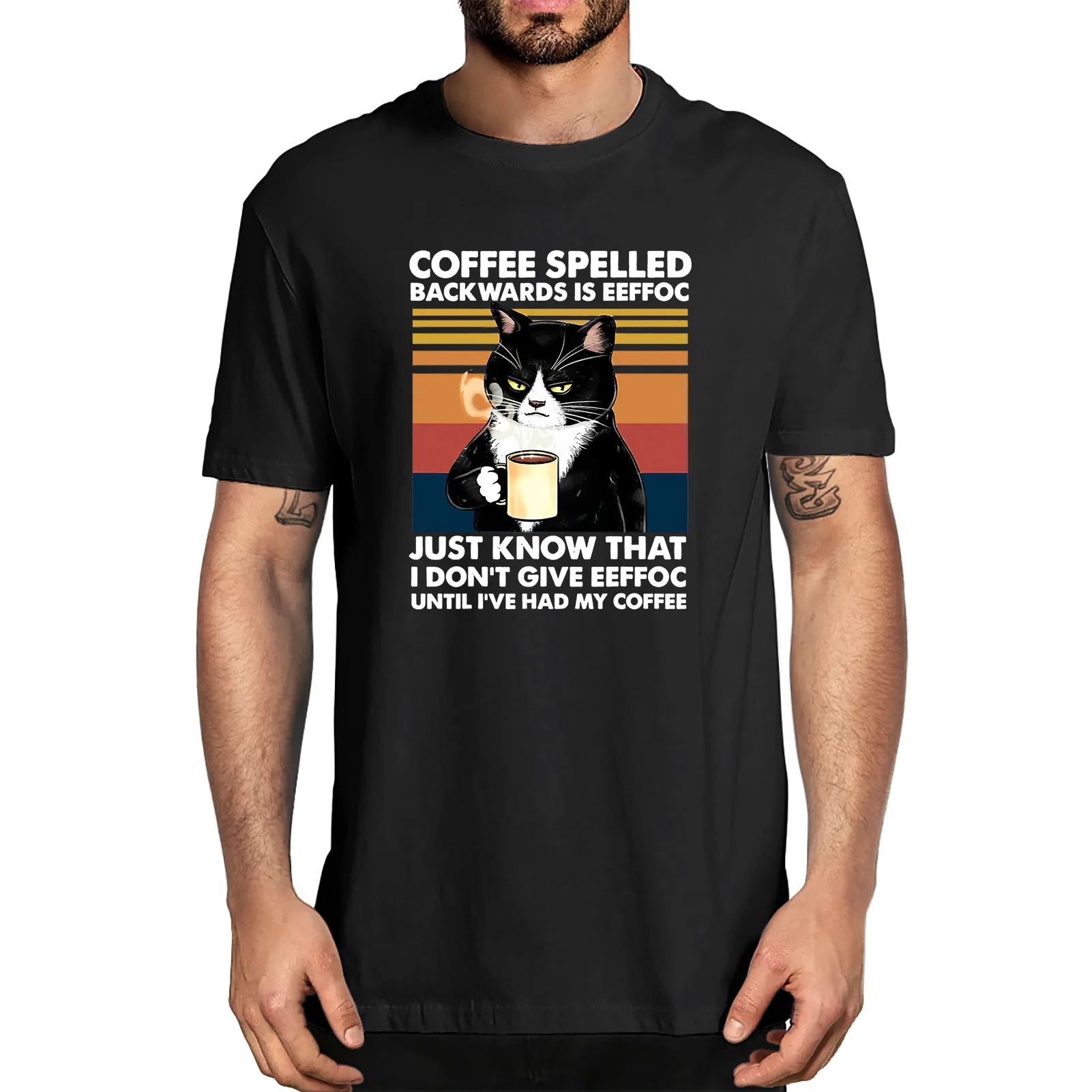 

Black Cat Coffee Spelled Backwards Is Eeffoc Funny Cat Coffee Lover Men's 100% Cotton Novelty T-Shirt Unisex Summer Humor Women