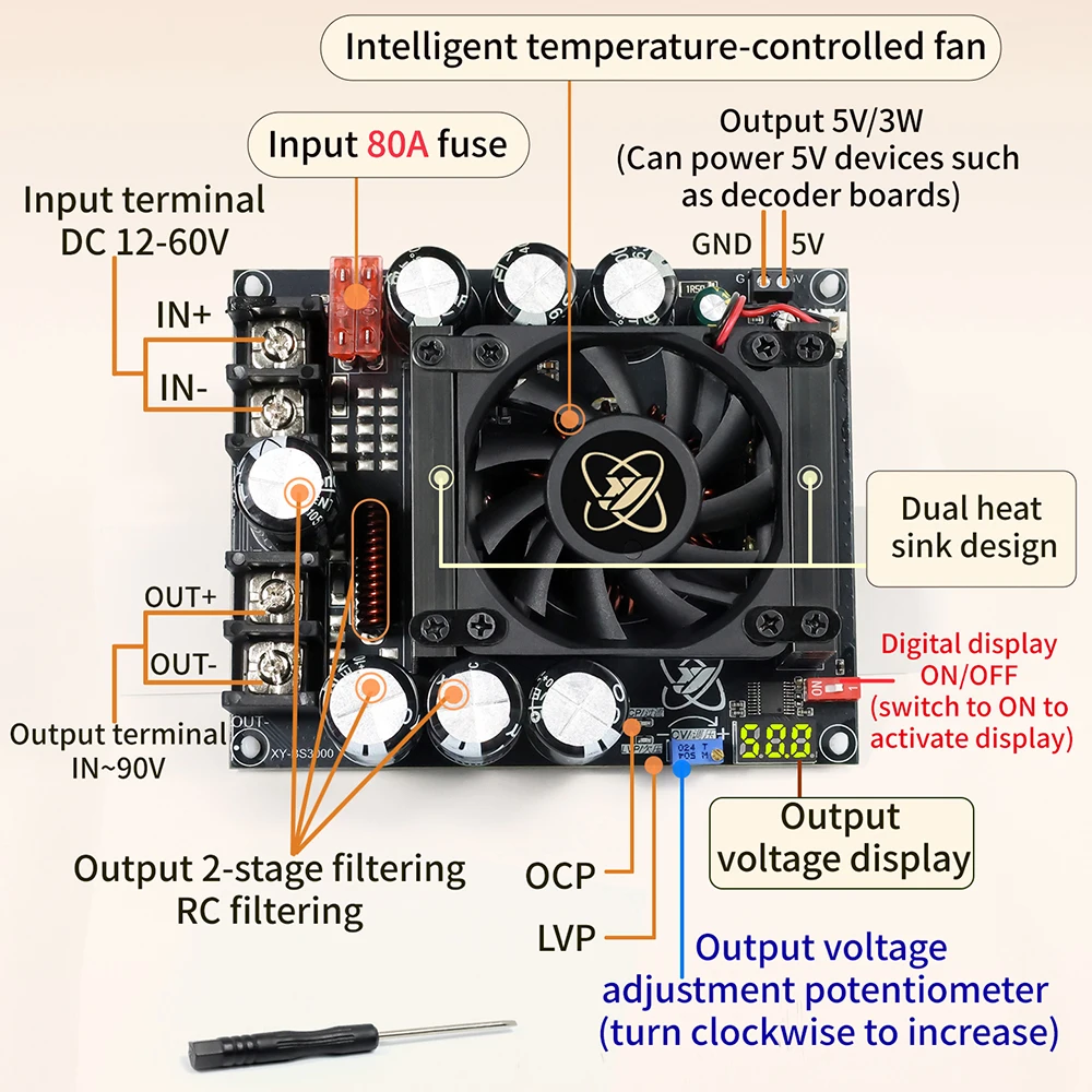 저리플 3000W DC 부스트 전원 공급 장치 50A 고출력 저소음 스텝업 조절 가능 컨버터 모듈 오디오 쿨 팬 전용