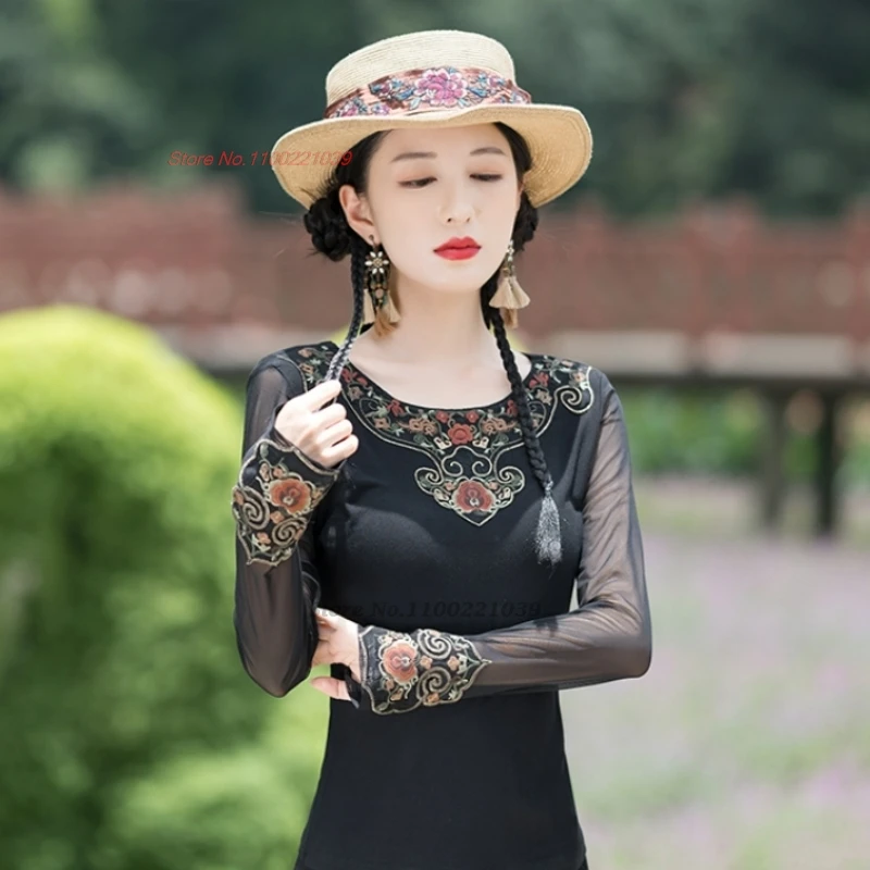 chinese traditional t-shirt national flower embroidery o-neck mesh sleeve folk shirt vintage hanfu tops retro base shirt
