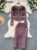Celebrities Style Autumn Clothes Two-piece Sets Women's Clothing High-end Round Neck Sequined Jacket and Slim-fitting Skirt 1