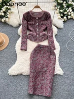 Celebrities Style Autumn Clothes Two-piece Sets Women's Clothing High-end Round Neck Sequined Jacket and Slim-fitting Skirt 1
