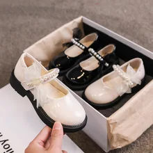 

2022 Spring Pearl Lace Bow Girl Princess Shoes New Korean Version Round Head Hook & Loop Soft Bottom Kids Fashion Dress Loafers