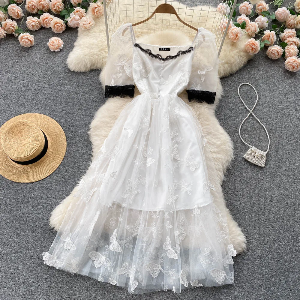 

ZCWXM Summer Lolita Long Dress Women Vintage Butterfly Mesh Square Collar Short Sleeve High Waist A-Line Elegant Vestidos Female