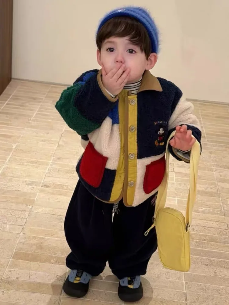 소년용 플리스 재킷 따뜻한 칼라 자수 코튼 패딩 코트 아동용 겨울옷 트렌디한 컬러 블록 디자인  남아 아우터웨어