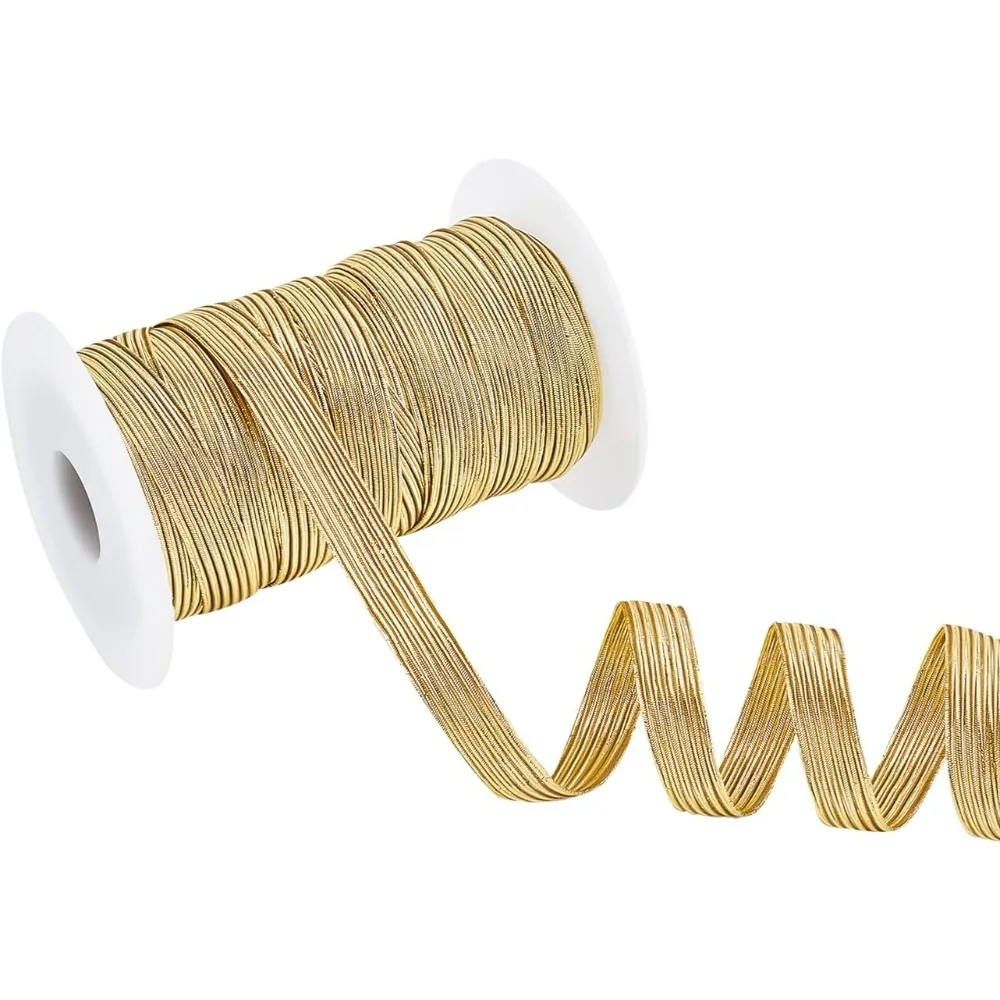 Gold Elastic Band Glitter Metallic Flat Elastic Strap Braided Band Stretch Ribbon 21.87 Yards 10mm Width