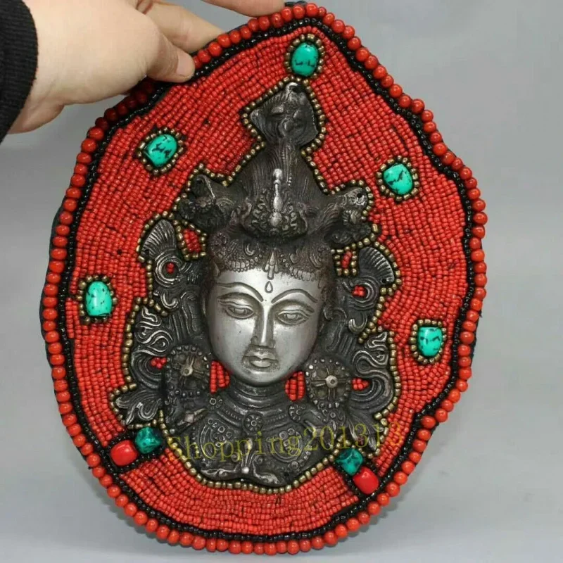 

8.27" Collect Nepal Pure Copper Green Tara head Statue Wall Hang Tangka Mural