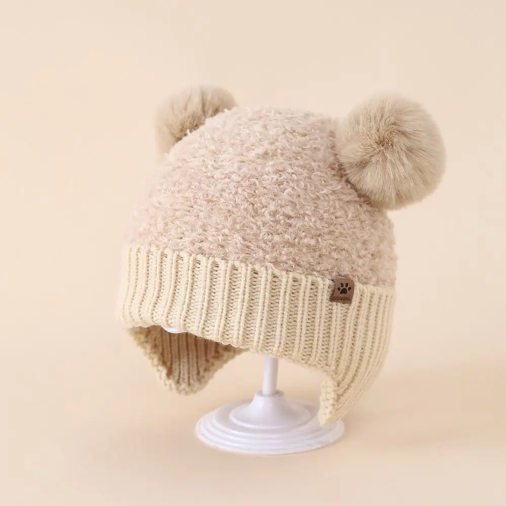 3-24 Months Double Hairball Baby Hat Knitted Wind-proof Pom Hat Solid Color Thicken Knit Cap Autumn