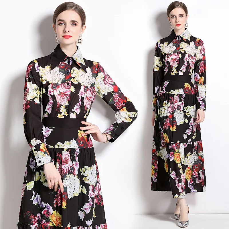 

Spring/Summer 2023 New Black Flower Print Long Sleeve Shirt Pleated Skirt Two Piece Pleated Slim Fit Knee Length Skirt Set
