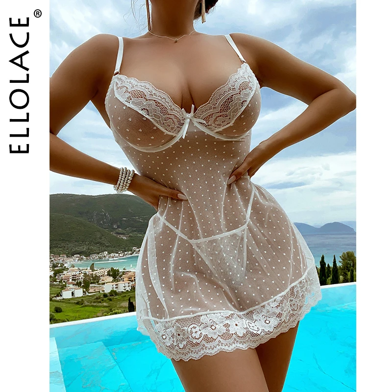 

Ellolace Sexy Night Dress See Through Lace Sleepwear Transparent Nightwears Deep-V Sexy Lingerie For Wedding Night White Outfit