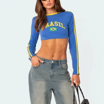 브라질 축구 저지 유니폼, 국가대표팀 팬 클럽 프린트 스트리트웨어, 슬림 Y2K 크롭탑, 여성용 축구 티셔츠