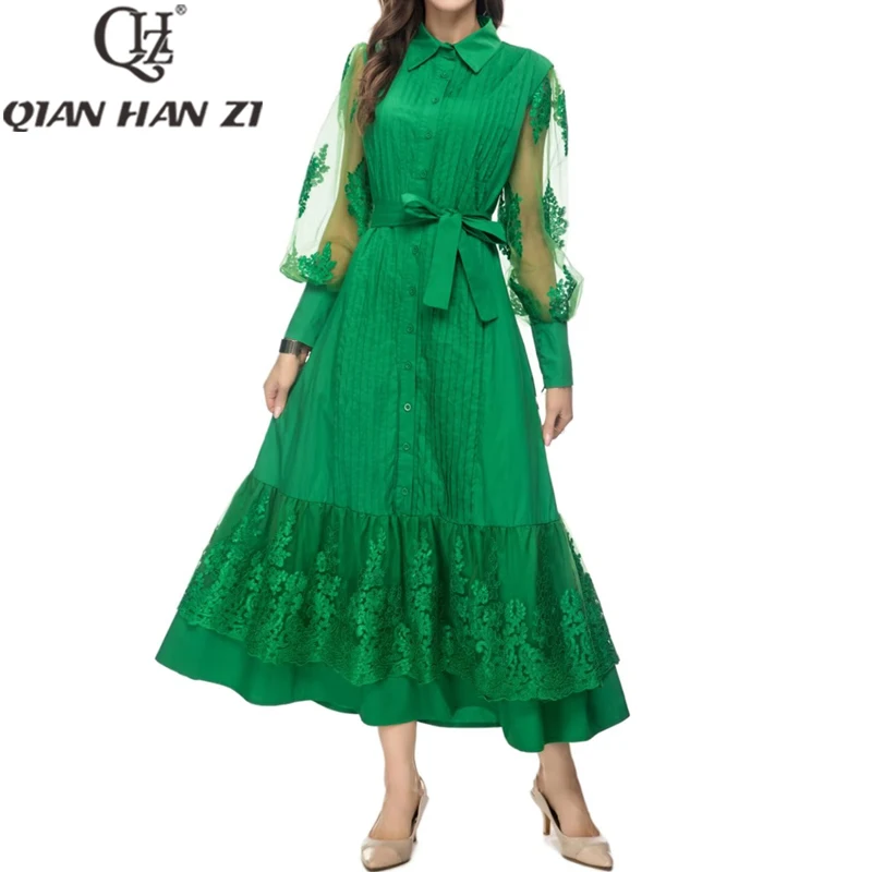

QHZ Designer Fashion Embroidered Dress Women Long sleeved Single Breasted Pleats Ruffle Belt slim Vintage green dress long