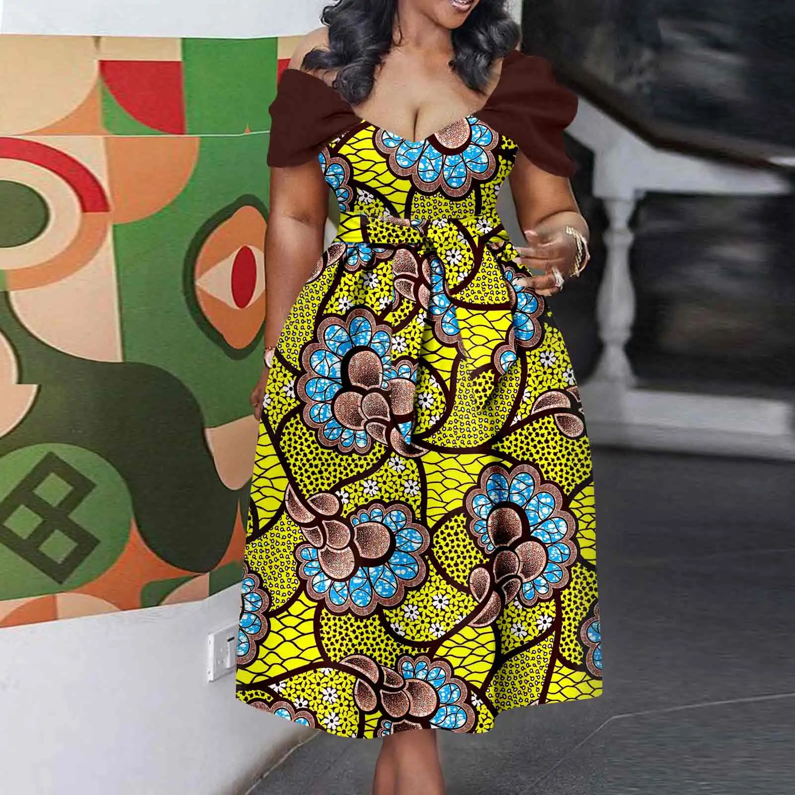 

Afripride African Women's Ankara Printed Fabric Dress Customized Loose V-Neck Belt Accessories Women's Dresses 2425030