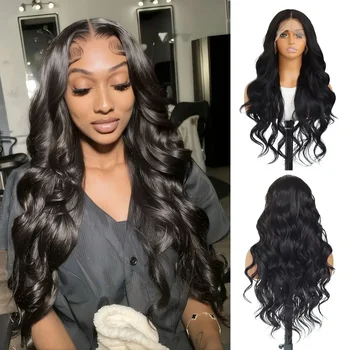 Nuove Parrucche Sintetiche Body Wave con Frontale in Pizzo, Parrucca Lunga Senza Colla con Frontale in Pizzo, con Attaccatura Naturale Pre-Definita e Baby Hair