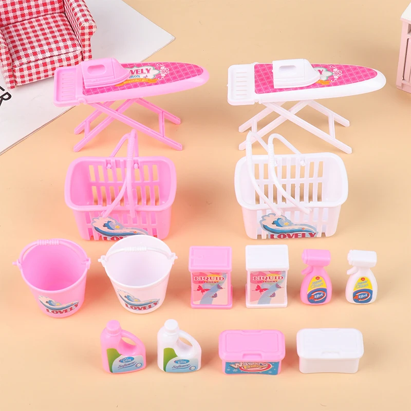 

1Set Dollhouse Miniature Laundry Tools Storage Basket Bucket Detergent Electric Iron Home Decor Toy Doll House Accessories