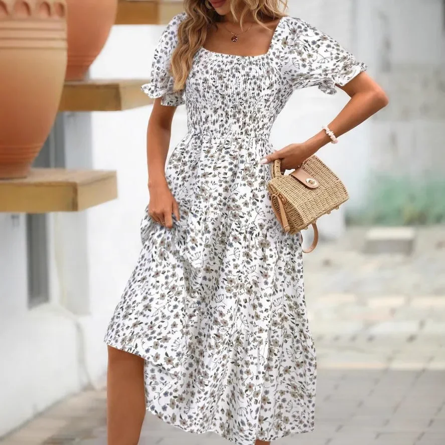 2025 New Women's Printed Dress Square Collar Bubble Sleeve Empire Waist Midi Dress Short Sleeve Cross-Border Independent Station 3