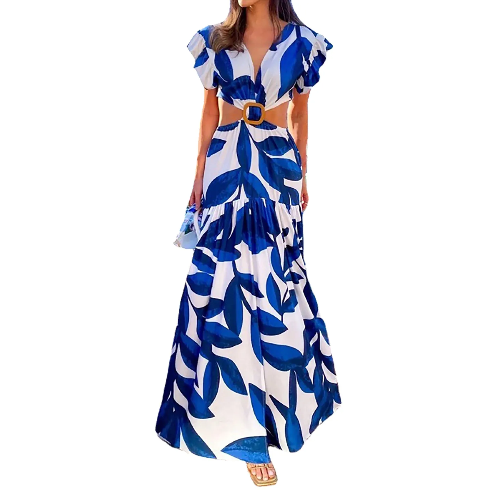 

Women's Ruffles Short Sleeved Split Party Formal Dresses Hollow Waist Leaky Printed Long Dress Women Elegant Maxi Dress Evening