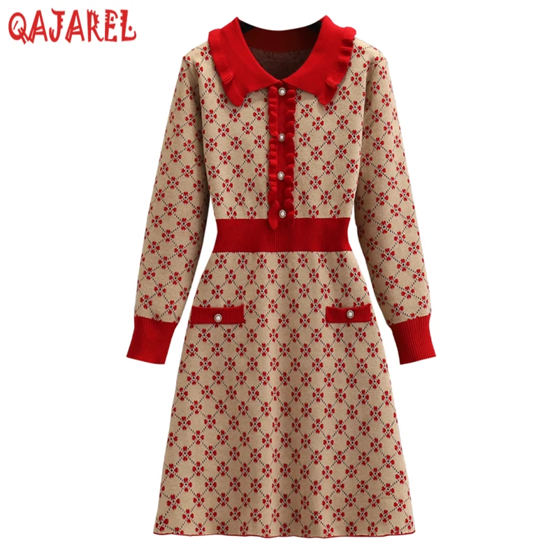 

2023 Red Floral Knitted Cotton Long Sleeve Mini Dress Women Luxury Chic Ruffled Doll Collar Dress Autumn Winter New Korean Dress