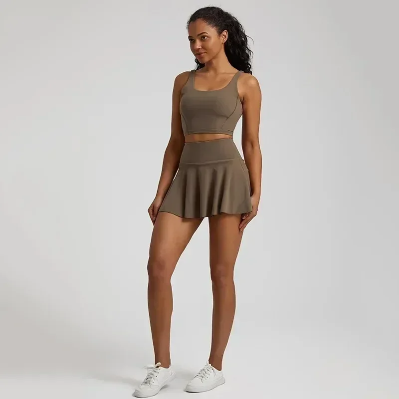 Lemon Tennis Skirt Suit Soft Hollow U Shape Sport Bra Top +tennis Skirt +sports Short Set Comprehensive Training Jog Women