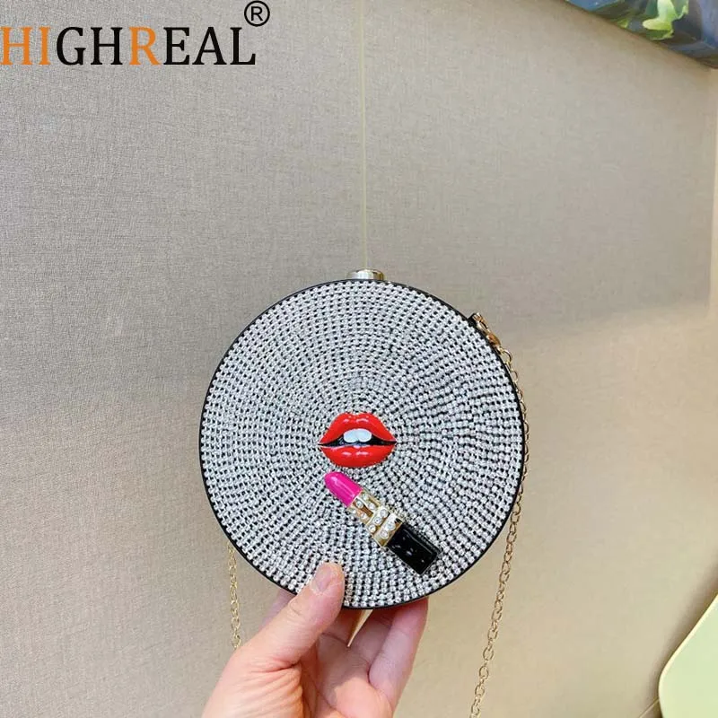 

Round Acrylic Crystal Evening Clutch Bag New Lips And Lipstick Bling Rhinestone Money Purses And Handbags Luxury Designer
